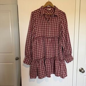 Umgee Plaid Babydoll Dress Large Rust Red Plaid Tiered Above Knee Country Boho